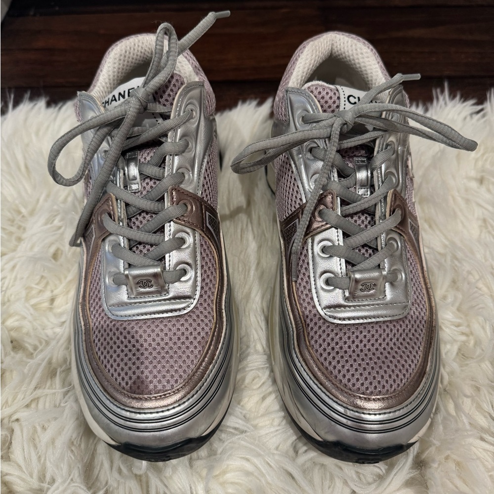 CHANEL Women's Metallic Silver and Pink Sneakers - Picture 2 of 9